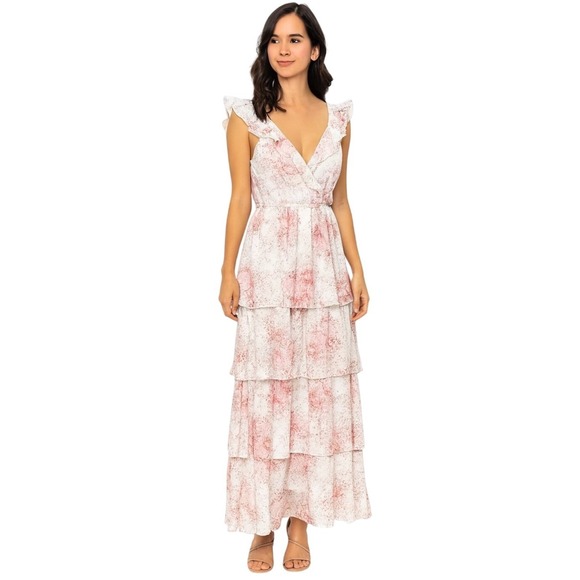 Lulus Dress Burnout Floral Lace Tiered Ruffle White Pink XL Maxi Romantic XL NEW - Picture 2 of 12